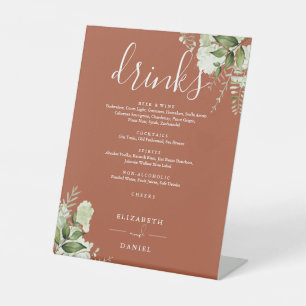 Signe De Table Menu des boissons de mariage à la verdure florale