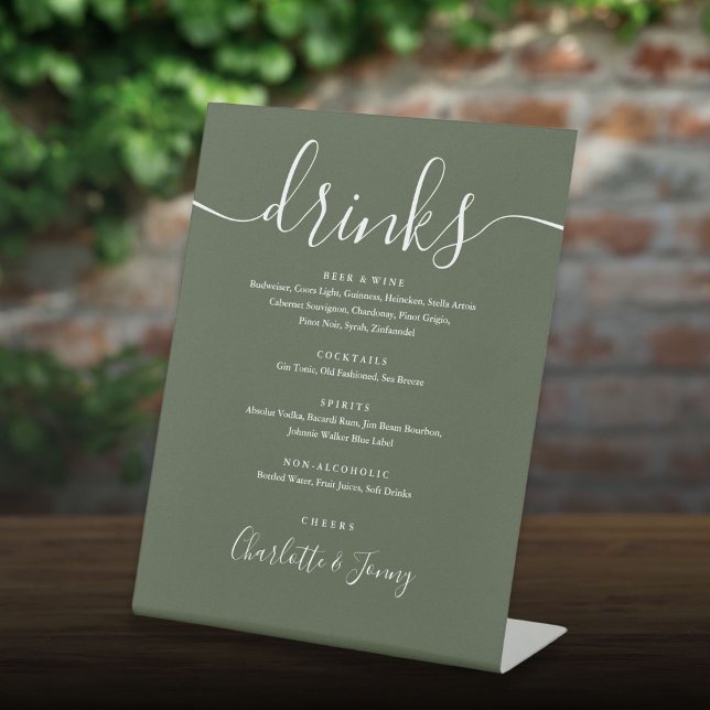 Signe De Table Menu des boissons de mariage à l'écriture de signa (Olive Green Signature Script Wedding Drinks Menu Pedestal Sign)