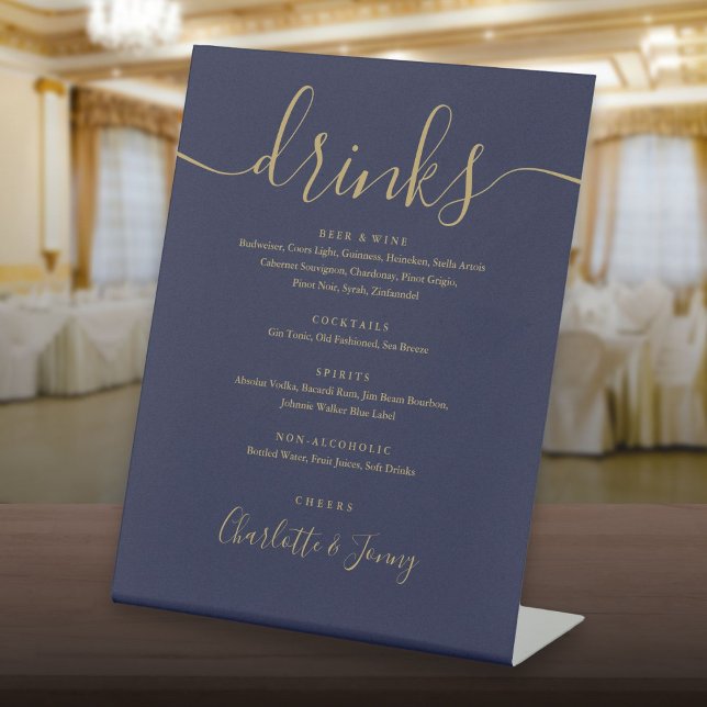 Signe De Table Menu des boissons de mariage à l'écriture dorée et (Navy Blue And Gold Script Wedding Drinks Menu Pedestal Sign)