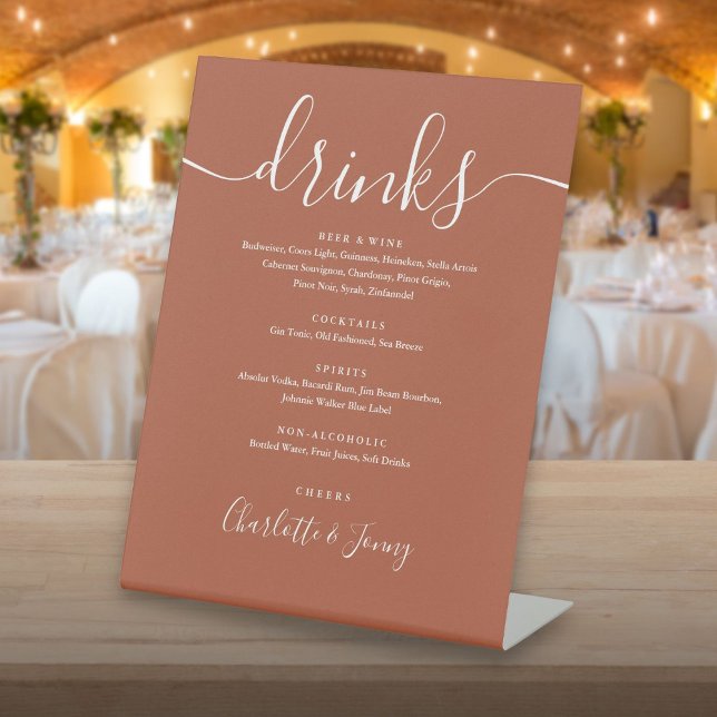 Signe De Table Menu des boissons de mariage à l'écriture signatur (Terracotta Signature Script Wedding Drinks Menu Pedestal Sign)