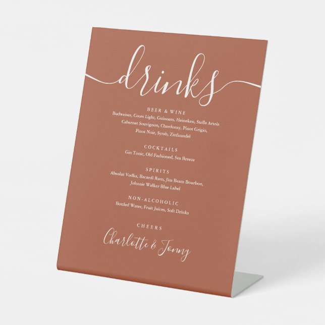 Signe De Table Menu des boissons de mariage à l'écriture Terracot (Recto)