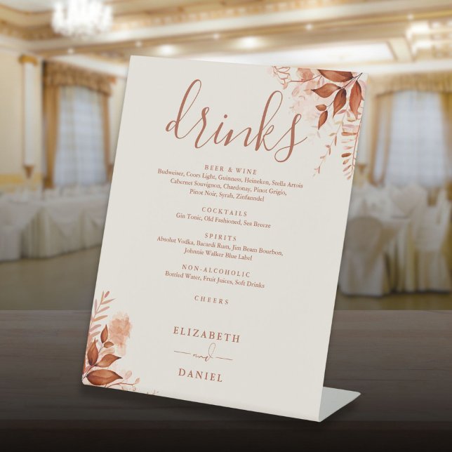 Signe De Table Menu des boissons de mariage automnal à la verdure (Rustic Greenery Fall Wedding Drinks Menu Pedestal Sign)