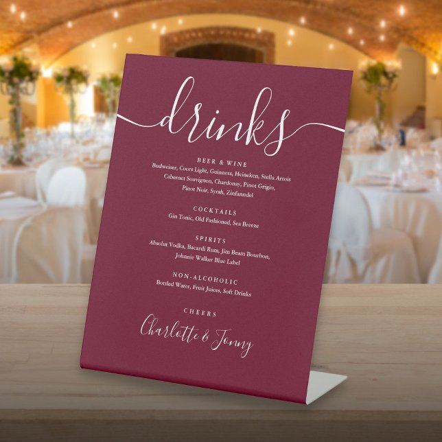 Signe De Table Menu des boissons de mariage en écriture Signature (Burgundy Signature Script Wedding Drinks Menu Pedestal Sign)