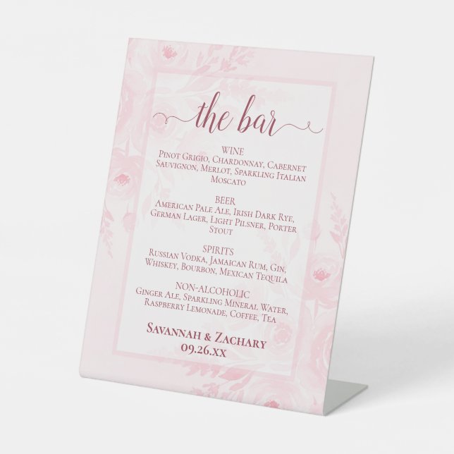 Signe De Table Menu des boissons de mariage ou du bar à fleurs ro (Recto)