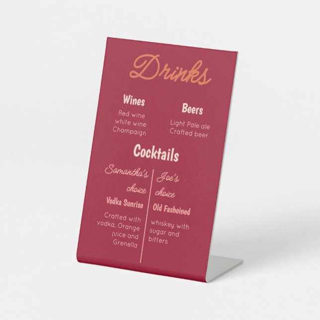 Signe De Table Menu des Boissons de Mariage Rétro Crépuscule Vint (Recto)