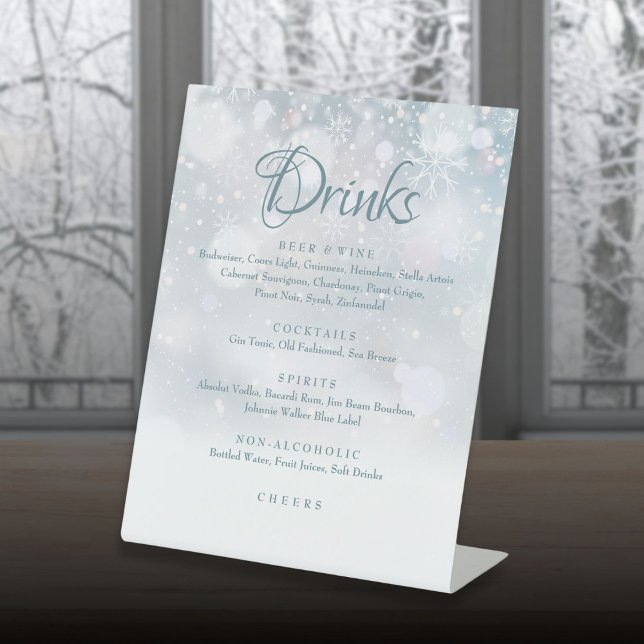 Signe De Table Menu des boissons Flocons de neige d'hiver (Winter Snowflakes Drinks Menu Pedestal Sign)