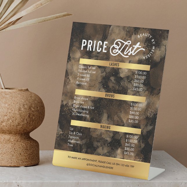 Signe De Table Menu des services de salon aquarelle paillettes do (Trendy black and gold glitter watercolor style business price list pedestal sign)
