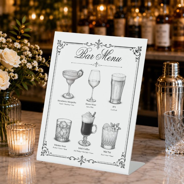Signe De Table Menu du bar à cocktails Calligraphie classique Vin (Elevate your restaurant or pub with a timeless vintage cocktail menu display.)