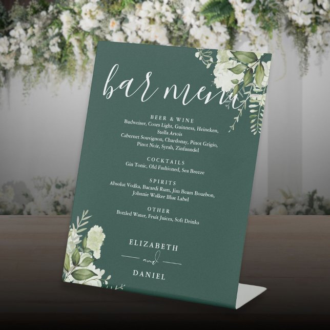 Signe De Table Menu du bar de mariage à la verdure florale émerau (Emerald Floral Greenery Wedding Bar Menu Pedestal Sign)