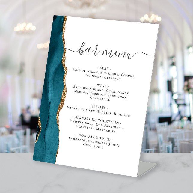 Signe De Table Menu du bar de mariage bleu sarcelle or agate (Créateur téléchargé)