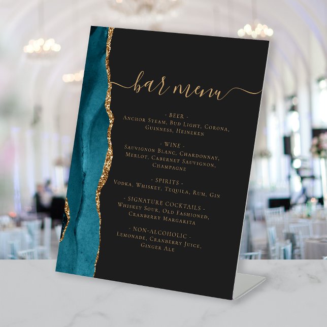 Signe De Table Menu du bar de mariage bleu sarcelle or agate fonc (Créateur téléchargé)