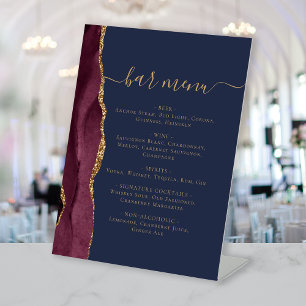 Signe De Table Menu du bar de mariage Bordeaux Or Agate Bleu mari