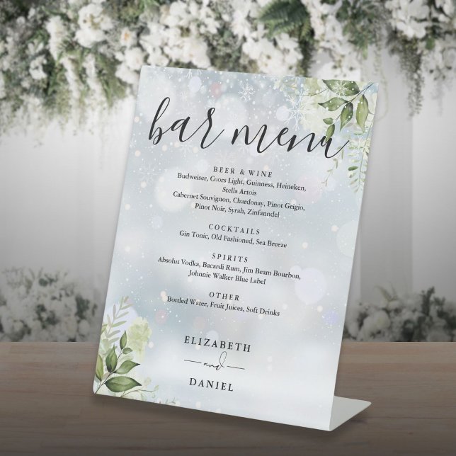 Signe De Table Menu du bar de mariage de verdure florale hivernal (Winter Floral Greenery Wedding Bar Menu Pedestal Sign)