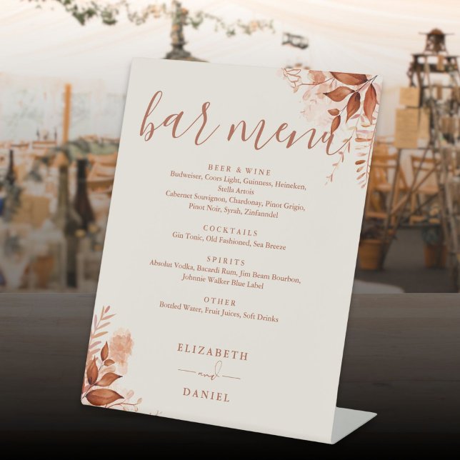 Signe De Table Menu du bar de mariage floral rustique d'automne (Rustic Floral Autumn Fall Wedding Bar Menu Pedestal Sign)