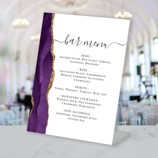 Signe De Table Menu du bar de mariage Purple Gold Agate (Créateur téléchargé)