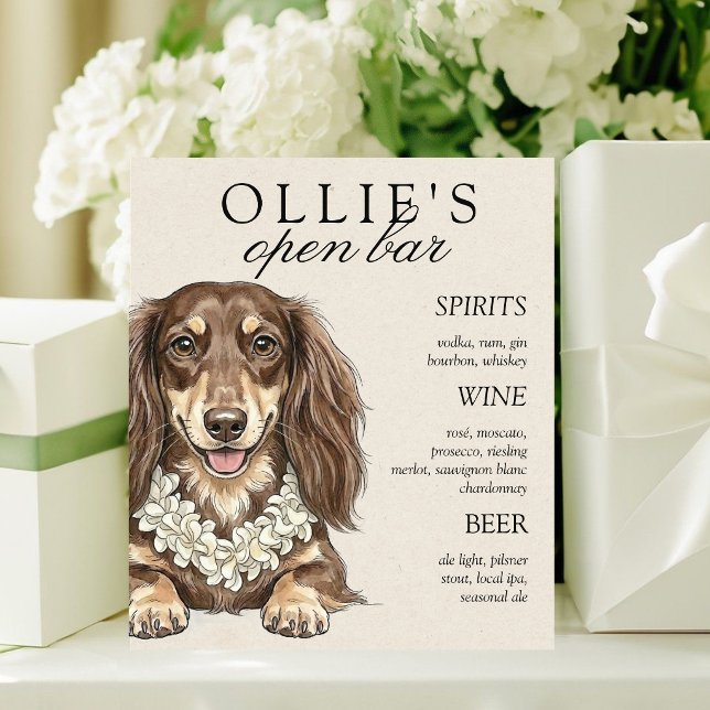 Signe De Table Menu du bar de mariage Tropical Dachshund (Tropical Dachshund Wedding Bar Menu Pedestal Sign)