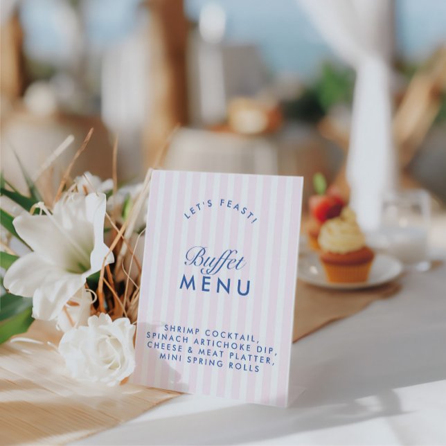 Signe De Table Menu du buffet Rose Poudré et Bleu Nuit Enterremen (Buffet Menu Vintage Pink & Navy Blue Bachelorette Pedestal Sign)