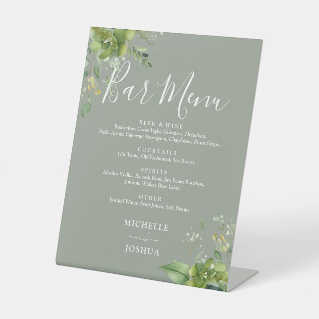 Signe De Table Menu du Mariage vert Floral Sage Green (Recto)