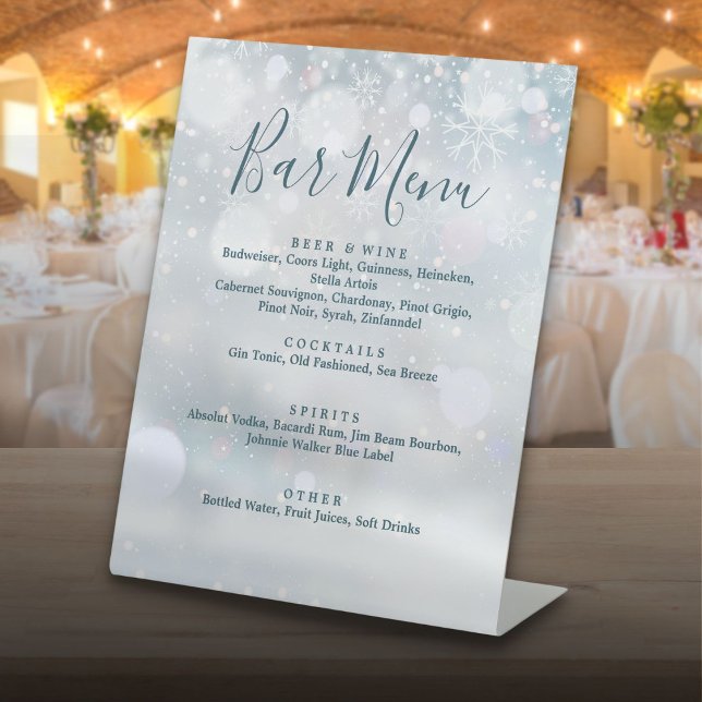 Signe De Table Menu élégant de bar pour un Pays des Merveilles d' (Elegant Winter Wonderland Bar Menu Pedestal Sign)