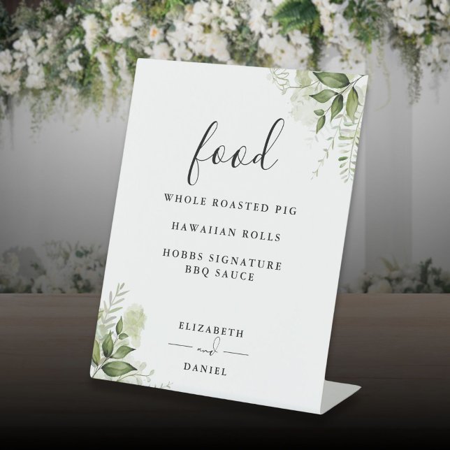Signe De Table Menu élégant de nourriture de fleurs modernes de v (Elegant Modern Floral Greenery Food Menu Pedestal Sign)