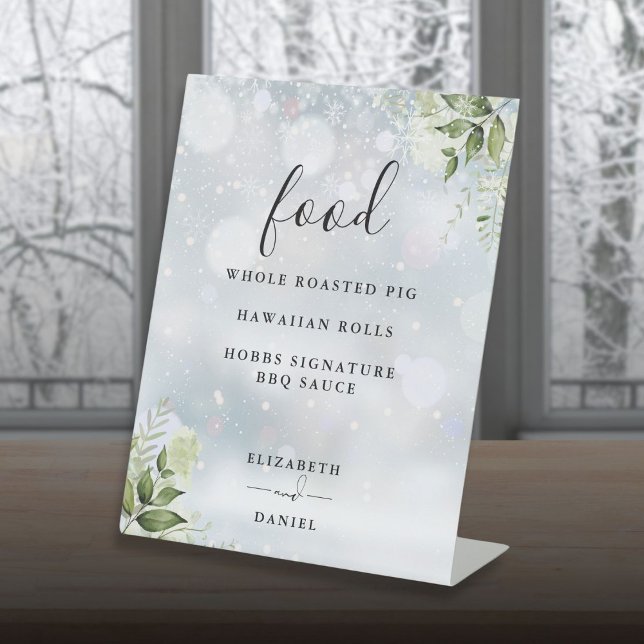 Signe De Table Menu élégant de nourriture de verdure florale d'hi (Elegant Winter Floral Greenery Food Menu Pedestal Sign)