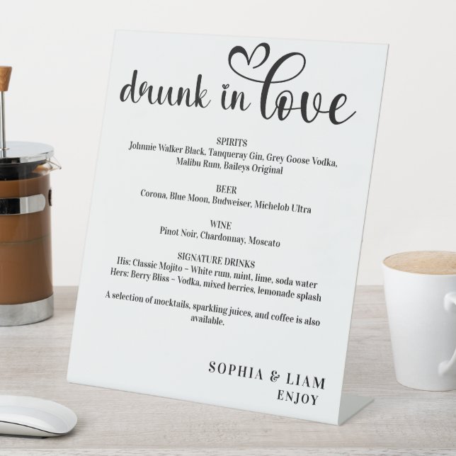 Signe De Table Menu Élégant Noir et Blanc de Mariage "Ivre d'Amou (In SItu)
