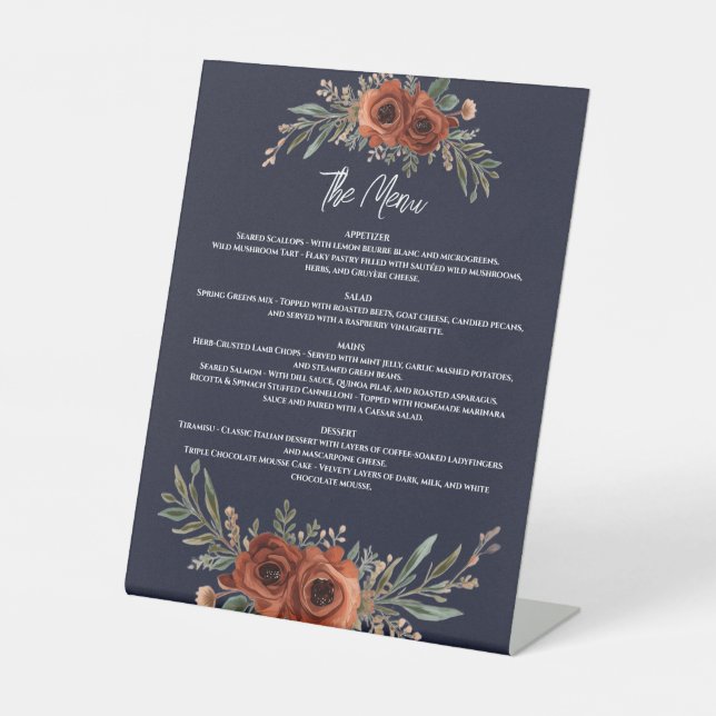 Signe De Table Menu Fleurs Terracotta Navy, Bohème (Recto)