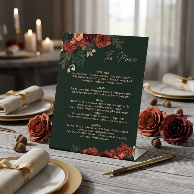 Signe De Table Menu floral vert foncé romantique ,Menu de mariage (Créateur téléchargé)