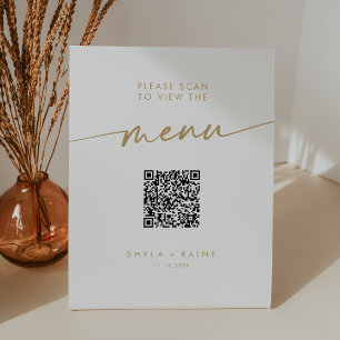 Signe De Table Menu Mariage Boho Chic Gold et White QR Code