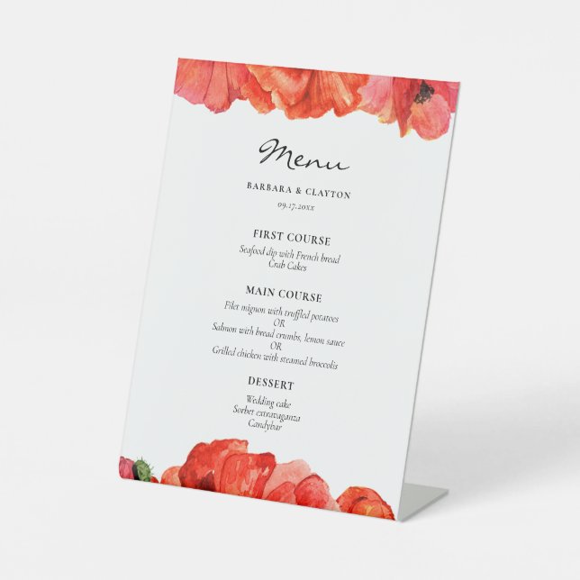 Signe De Table Menu mariage d'aquarelle de pavois rouges (Recto)