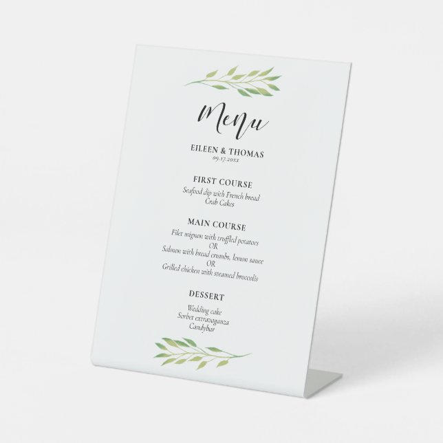 Signe De Table Menu mariage feuille vert aquarelle (Recto)