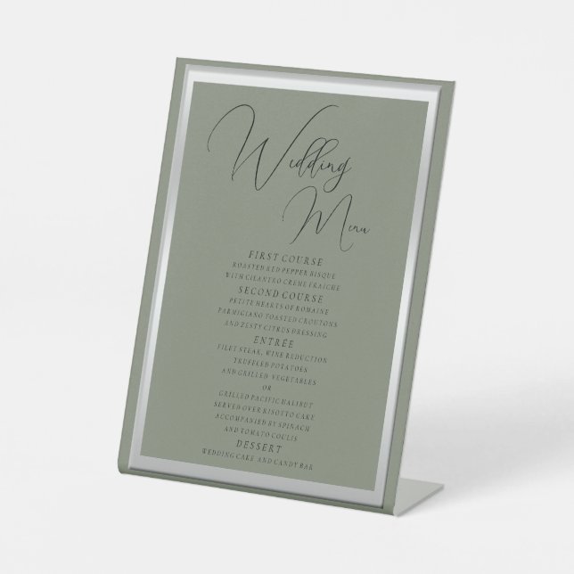 Signe De Table Menu Mariage Sage & Argent sophistiqué (Recto)