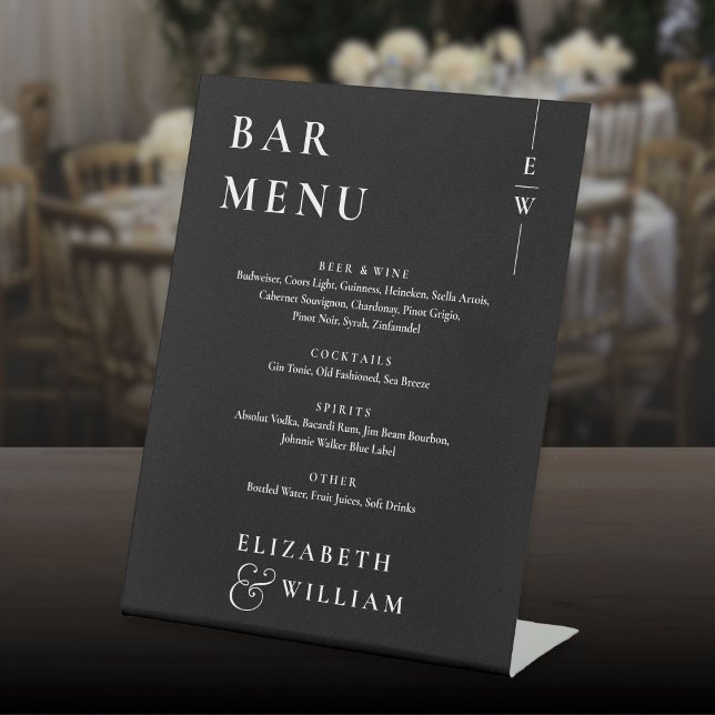 Signe De Table Menu Mini-Barre Monogramme Noir Et Blanc (Black And White Minimalist Monogram Bar Menu Pedestal Sign)
