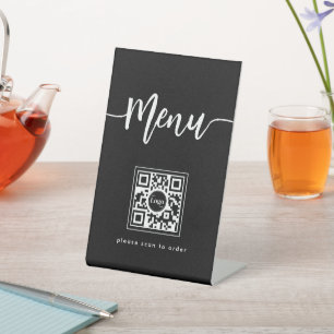 Signe De Table Menu moderne élégant Script QR Code noir