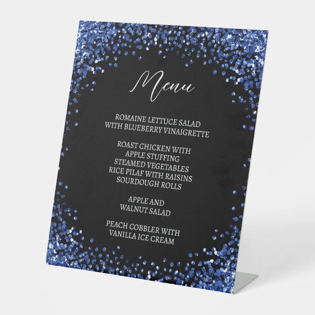 Signe De Table Menu Noir Pailleté Bleu Marine Courbé (Recto)