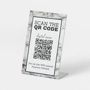 Signe De Table Menu numérique QR Code Marbre Noir et Blanc