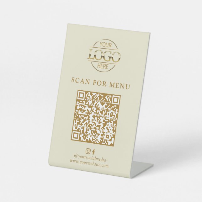 Signe De Table Menu QR Code sans contact Logo Entreprise Beige Mo (Recto)