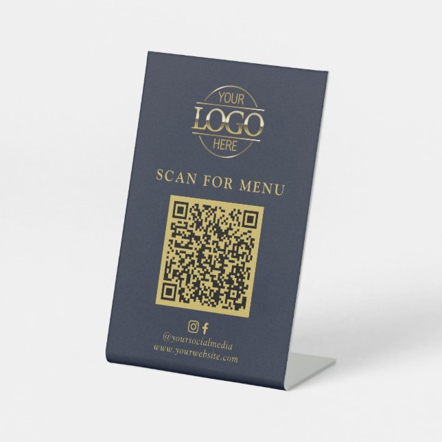 Signe De Table Menu QR Code sans contact Logo Entreprise Bleu Sim (Recto)