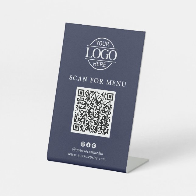 Signe De Table Menu QR Code sans contact Logo Entreprise Bleu Sim (Recto)