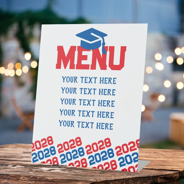 Signe De Table Menu Red & Blue Graduation Party (Red, Blue and White Graduation Cap Class Year Menu Pedestal Table Sign)