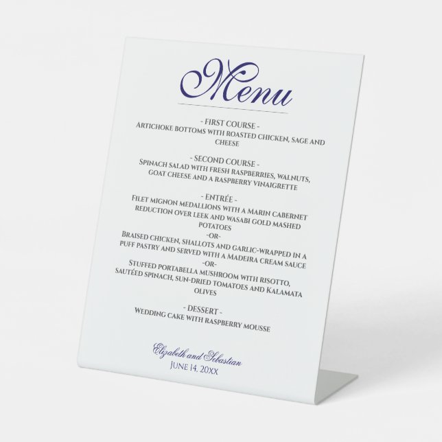 Signe De Table Menu Simple Elegance Marine Blue & White Mariage (Recto)