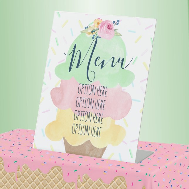 Signe De Table Menu Watercolor Ice Cream Party (Custom Menu Watercolor Ice Cream Bridal Shower or Baby Shower Pedestal Table Sign)