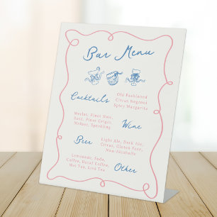 Signe De Table Menu Whimsical Hand Drake Pink & Blue Bar
