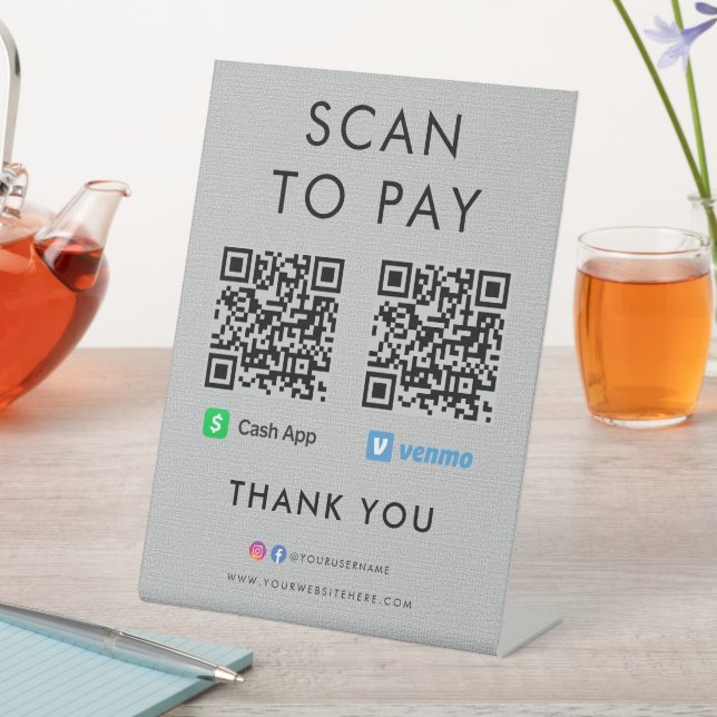 Signe De Table Merci Cash App Venmo Scan pour payer QR Code gris (In SItu)