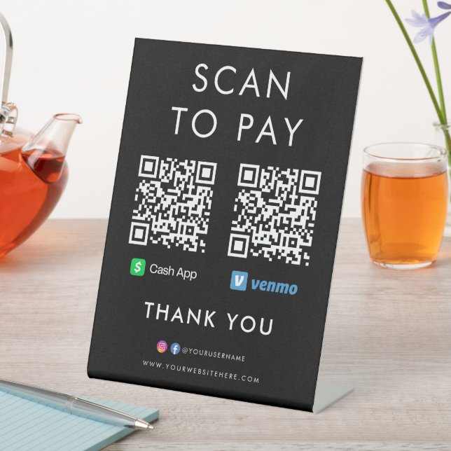 Signe De Table Merci Cash App Venmo Scan to Pay QR Code noir (In SItu)