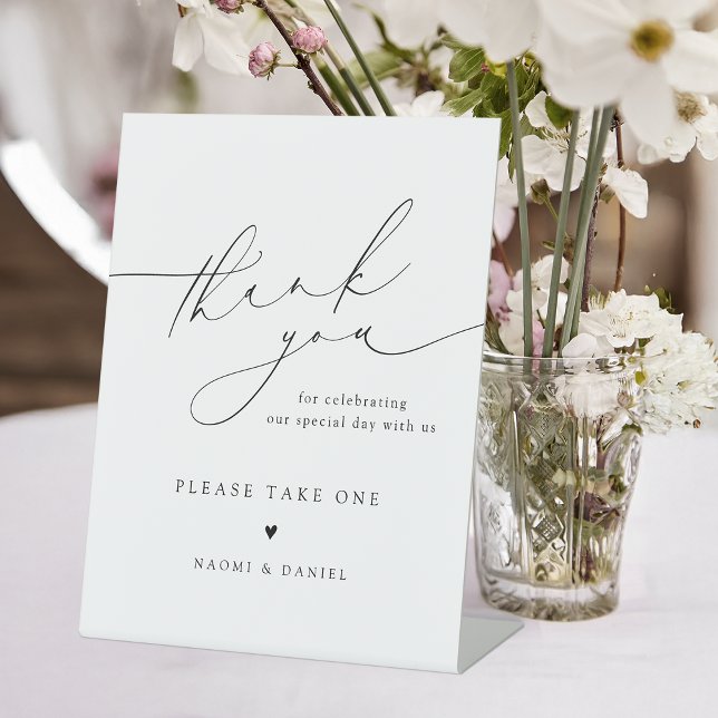 Signe De Table Merci script mariage faveurs s'il vous plaît prend (Thank you script wedding favors please take one pedestal sign)