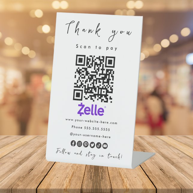 Signe De Table Merci Zelle QR Code Scan pour payer blanc (Créateur téléchargé)