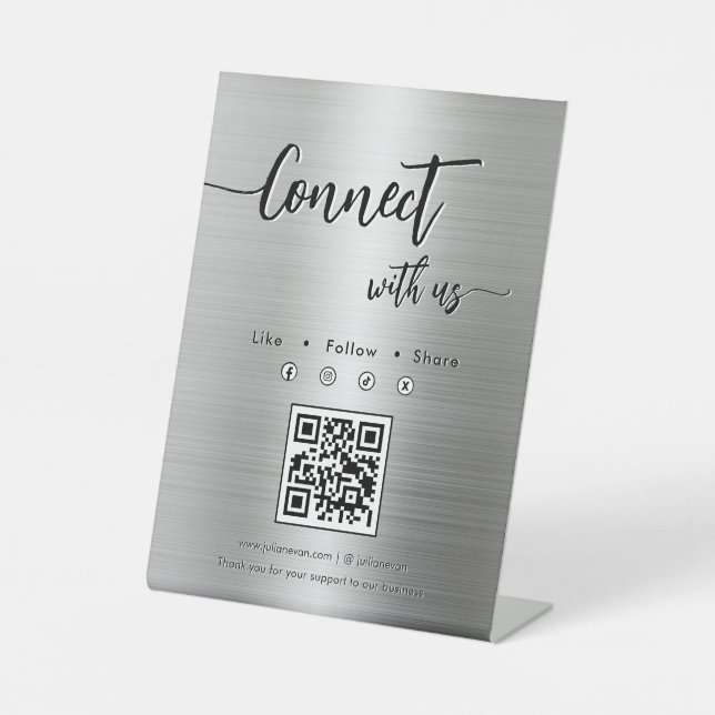 Signe De Table Métal argent brillant Médias sociaux Code QR uniqu (Recto)
