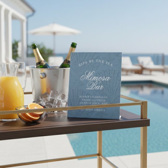 Signe De Table Mimosa Bar Coastal Blue Seashell Bachelorette (Mimosa Bar Coastal Blue Seashell Bachelorette Pedestal Sign)