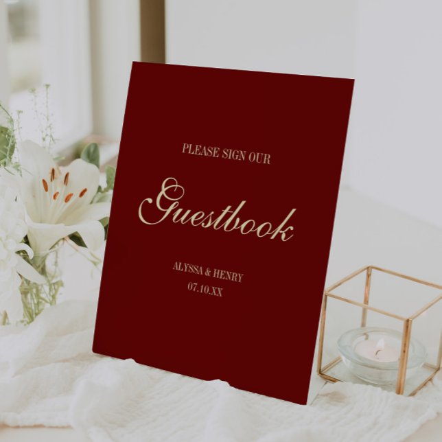 Signe De Table Minimal Script Wine Red "Sign Our Guestbook" (Créateur téléchargé)